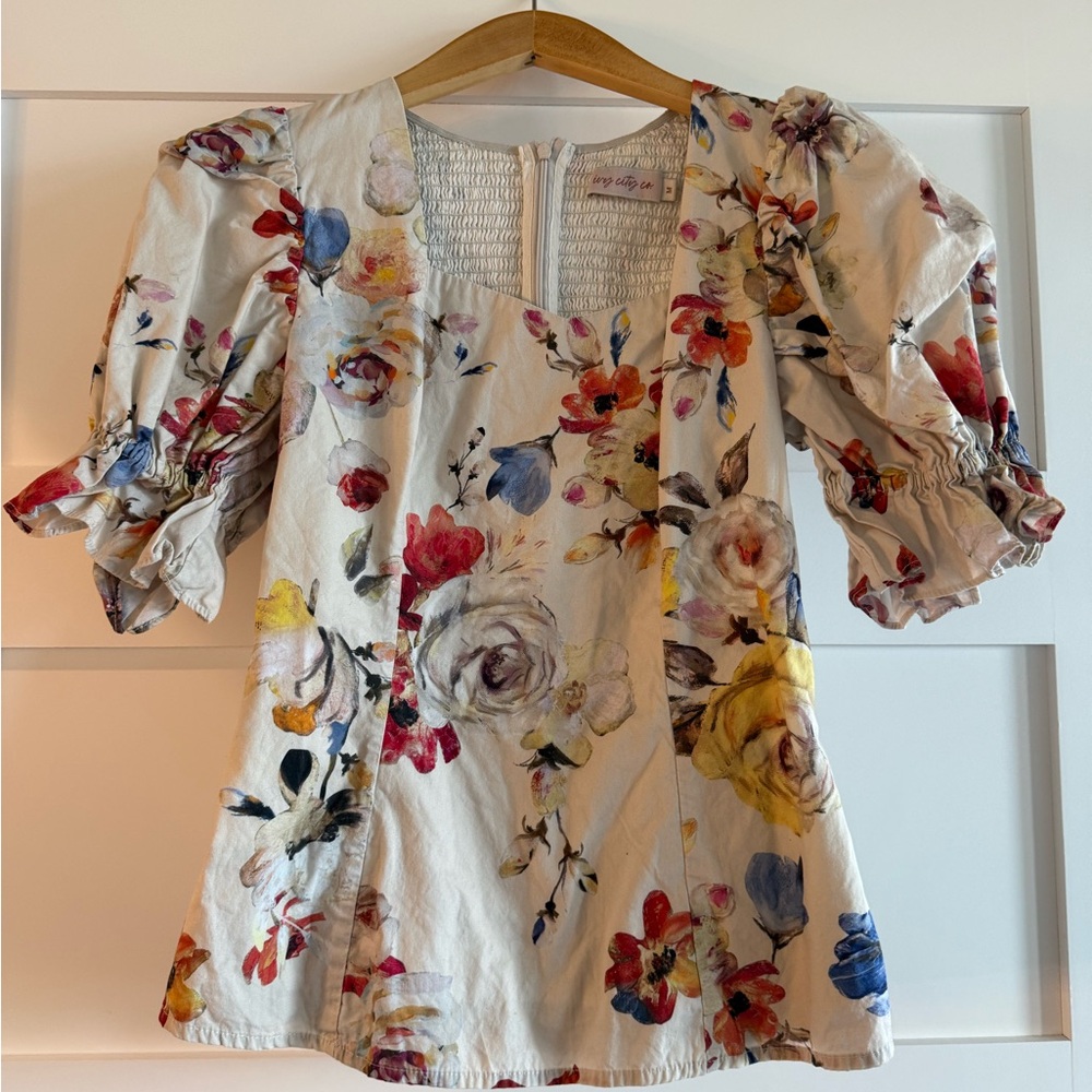 Ivy City Co White Floral Square-Neck Puff Sleeve Tunic